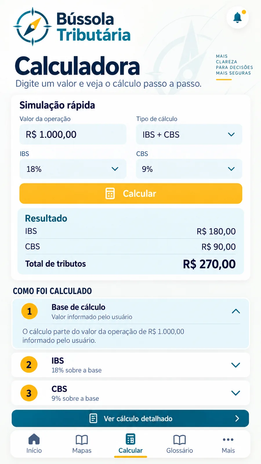 Tela da calculadora de IBS e CBS com cálculo passo a passo
