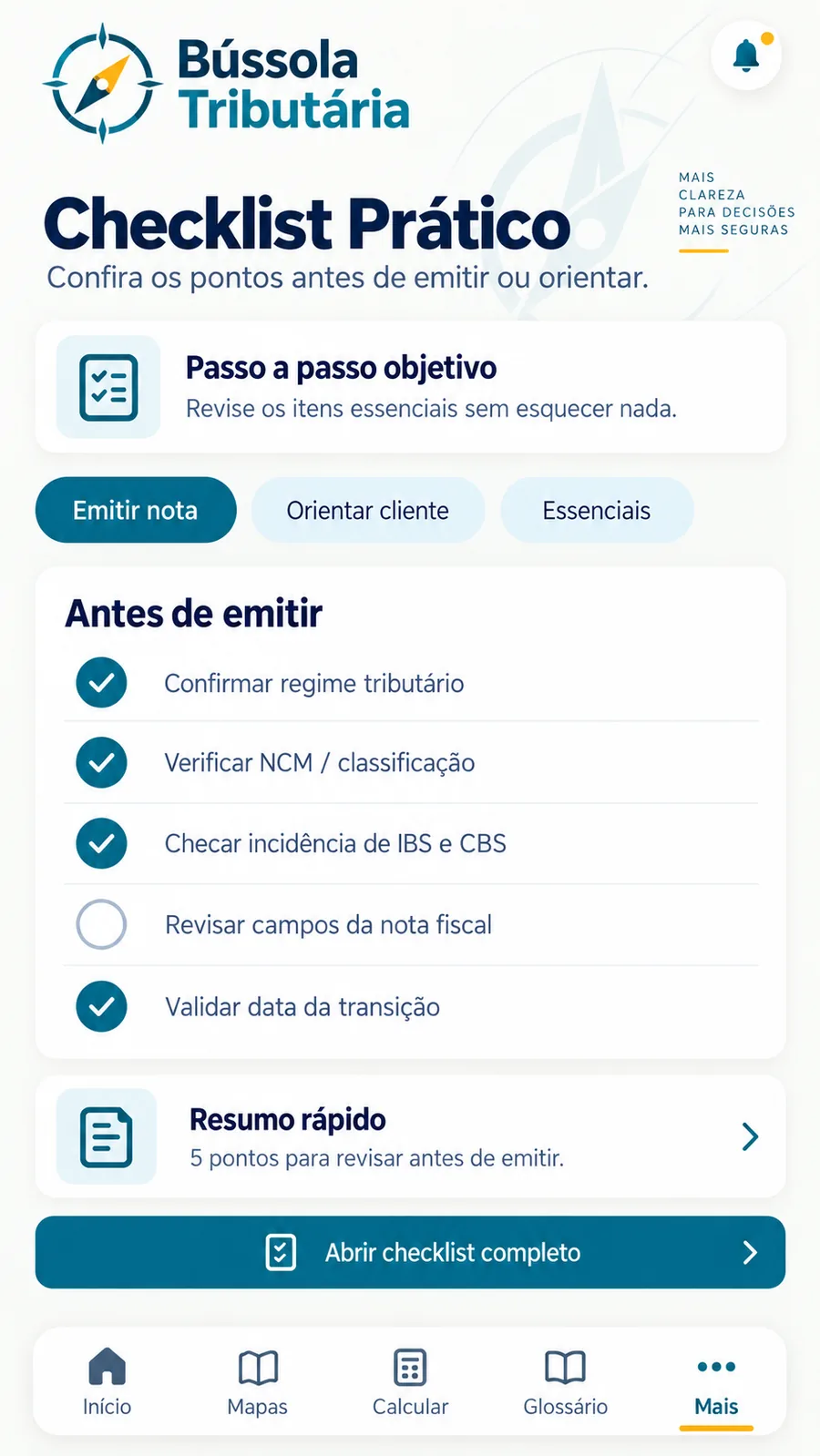 Tela do checklist prático para emissão e orientação