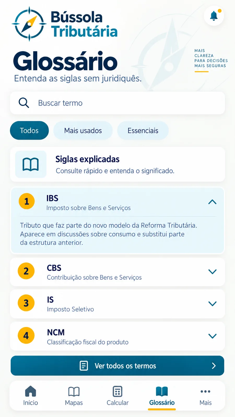 Tela do glossário de siglas da Reforma Tributária