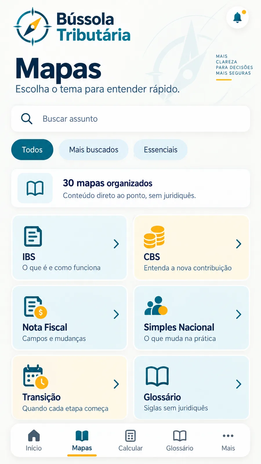 Tela dos mapas organizados da Reforma Tributária
